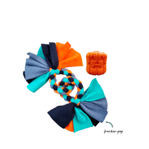 Howloween Jack-o-lantern Franken-pop Collection with a Double ring toy in teal, ink, tangerine and steel colours