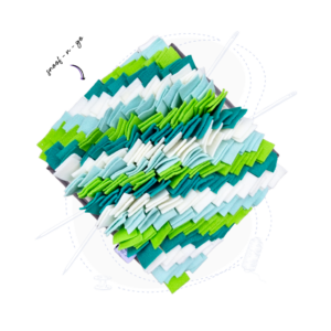 small snoofle patch hero image in diagonal pattern with teal, mint, lime and floof white colours