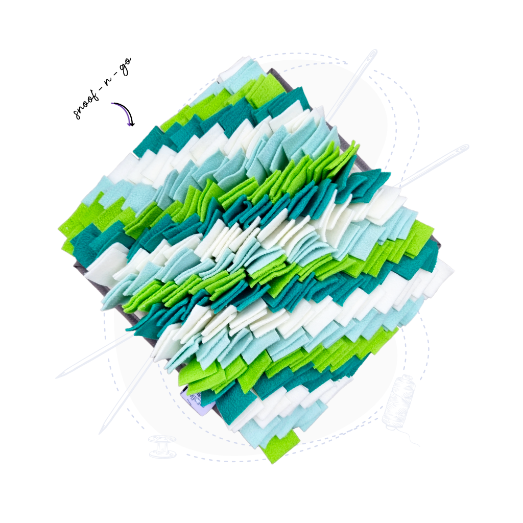 small snoofle patch hero image in diagonal pattern with teal, mint, lime and floof white colours