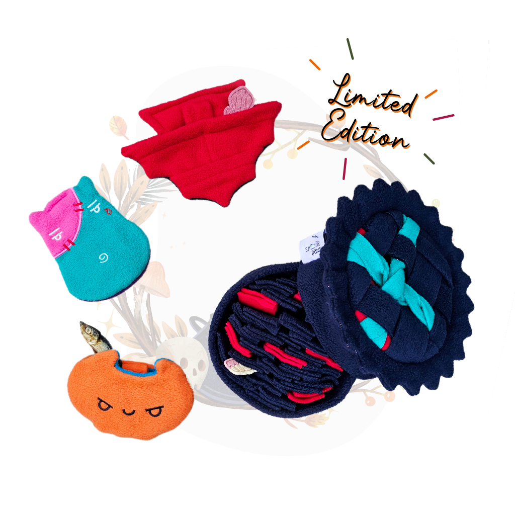 ghoulish-gathering-howloween-hero-image-150923 Hero image of Ghoulish gathering set of all 4 toys separated into individual toys and Grims Pie showing it's hidden snoofle pod