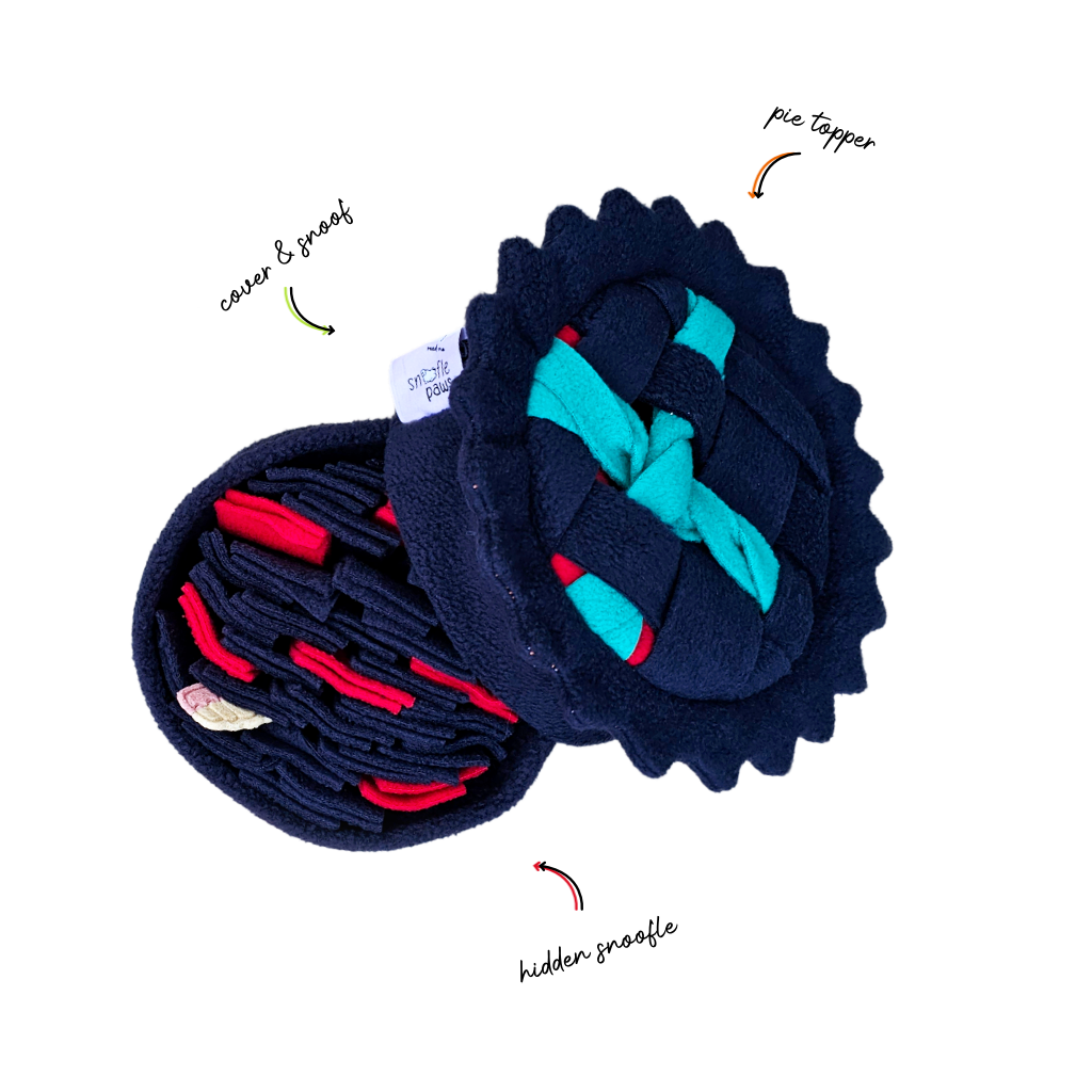 Grims Pie snoofle toy in Midnight, Cherry and Teal colours. Pie can cover or uncover to show hidden treat area