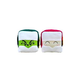 Woofmas 2023 limited edition toys featuring two Mish-Mash blocks (Santapaws and Grumpypaws) in green and red Christmas colours.