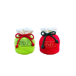 Woofmas 2023 limited edition toys featuring two Christmas Pouches (Naughty and Nice) in green and red Christmas colours.