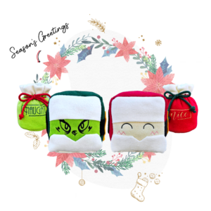 Woofmas 2023 limited edition toys featuring two Mish-Mash blocks (Santapaws and Grumpypaws) with two Christmas Pouches (Naughty and Nice) in green and red Christmas colours.
